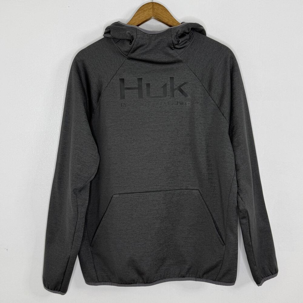 Huk Hoodie Mens Medium Gray Performance Fishing Fleece Pullover Outdoor